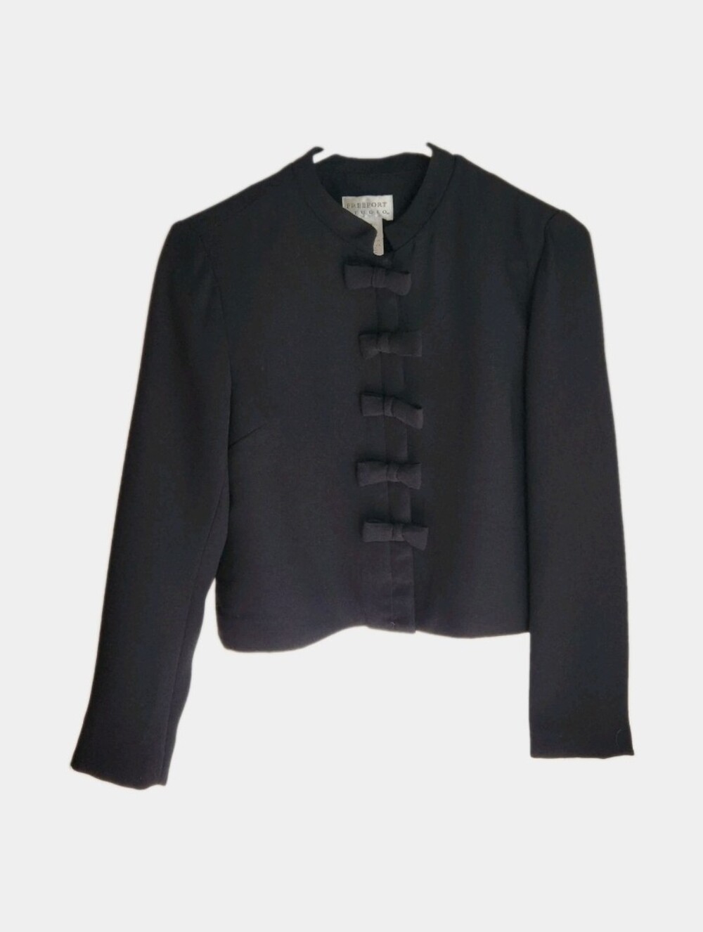Freeport Studio Cropped Military Band Jacket Black Bow Frog Closures Mandarin 6P